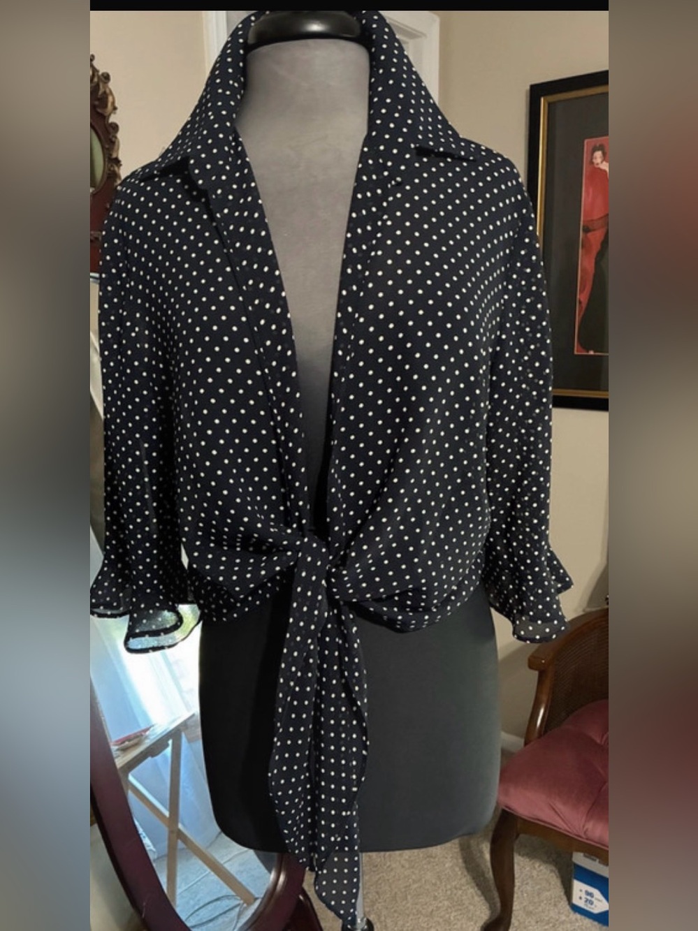 Joseph Ribkoff Black and White Polka Dot Tie-Front Blouse